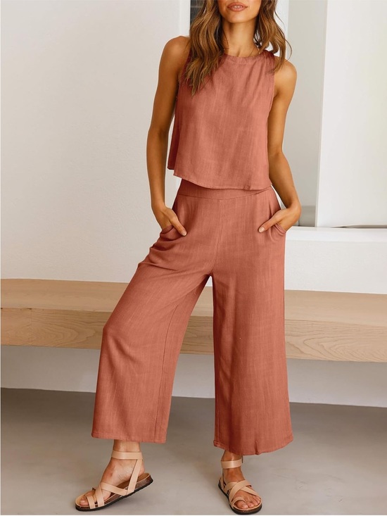 Pants - Terracotta Linen Button-Back Tank and Wide Leg Pant Set